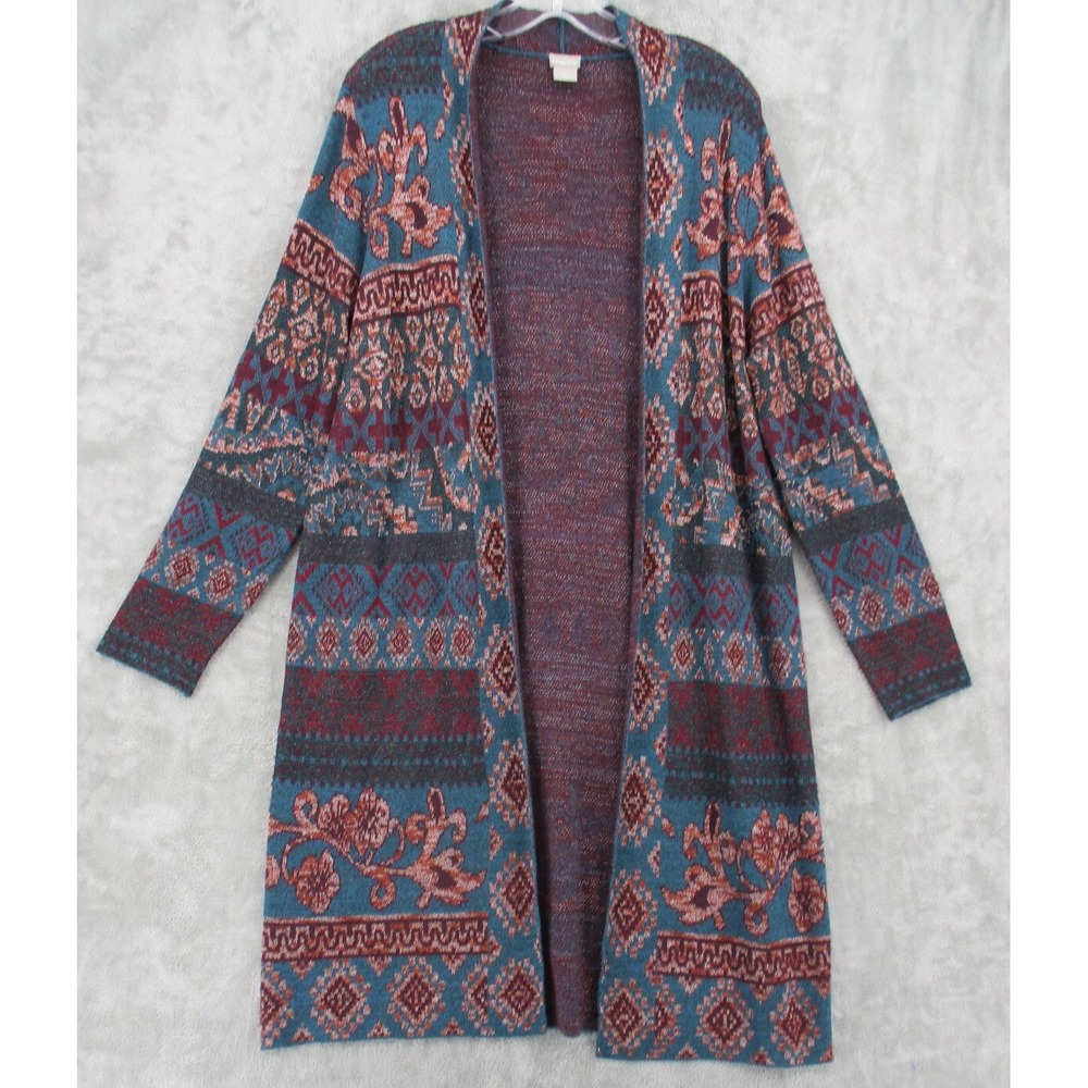 Chicos Sweater Womens Size 2 L Western Bohemian Metallic Duster Aztec Boho Green